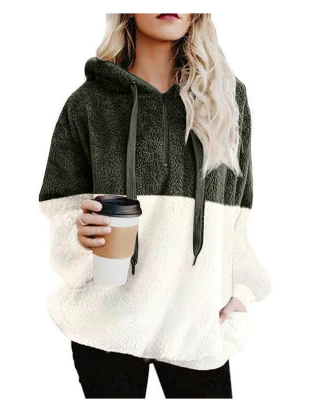 Fuzzy Fleece Hoodie 1/4 Zip Pullover Sherpa Sweatshirt Oversized